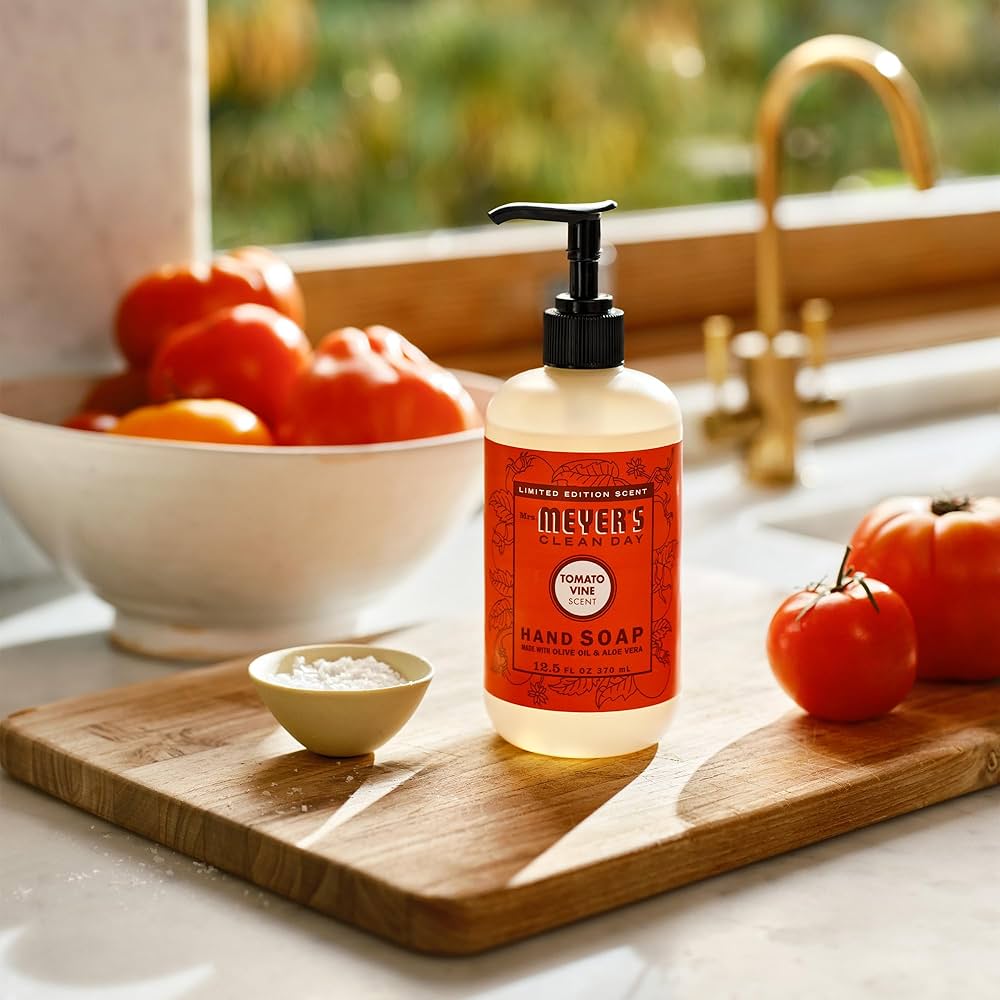 Mrs. Meyer’s hand soap. Tomato vine.