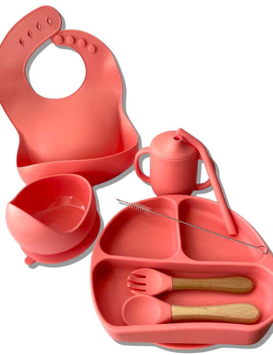 Kit vajilla de silicona para bebés Rosa Fuerte